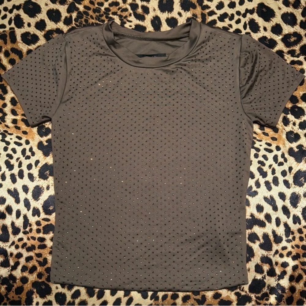 Forever 21 Brown Rhinestone Fitted Crop Tee